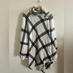 Lambs‎ Wool Plaid Ralph Lauren Poncho w 2 Leather Clasps Size L/XL Fall Classic